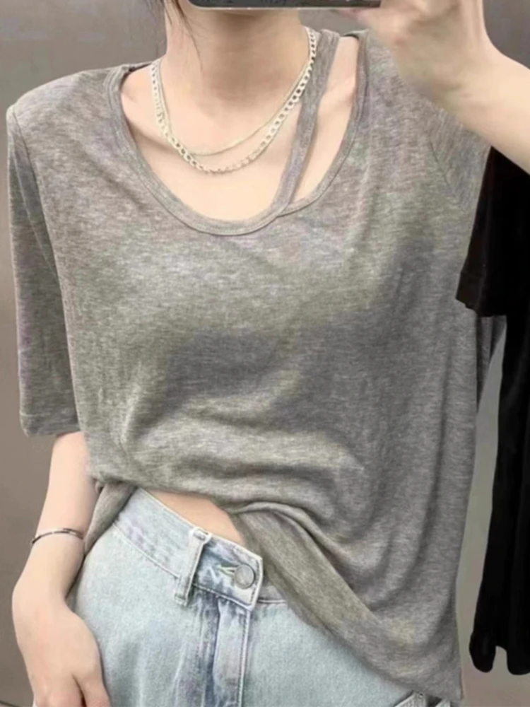 高级灰色设计感u领宽松纯欲短袖t恤女夏季薄款独特别致松弛感上衣