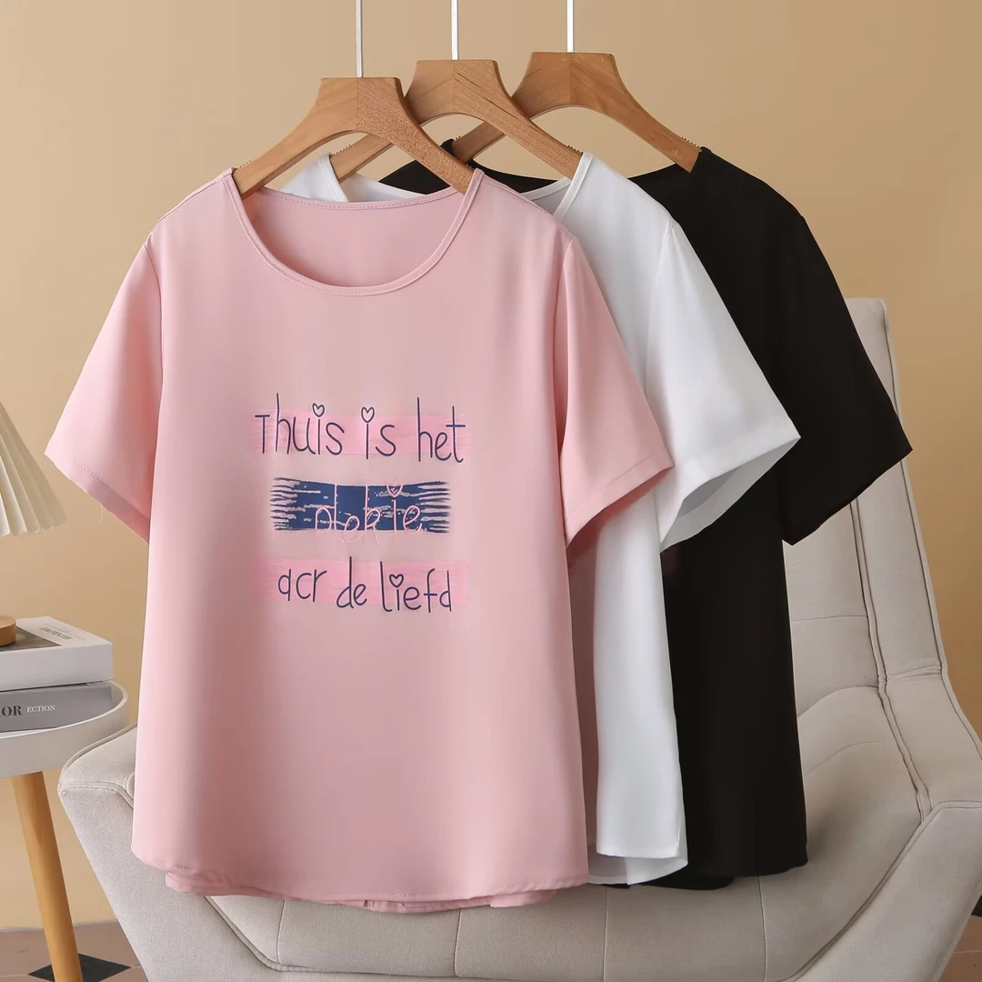 2025夏季新款大码女装圆领字母印花短袖T恤后面开叉洋气上衣