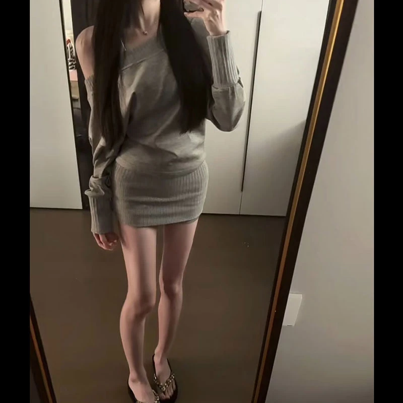 美式辣妹运动套装2025春夏蝙蝠袖灰色露肩卫衣高腰包臀裙裤两件套