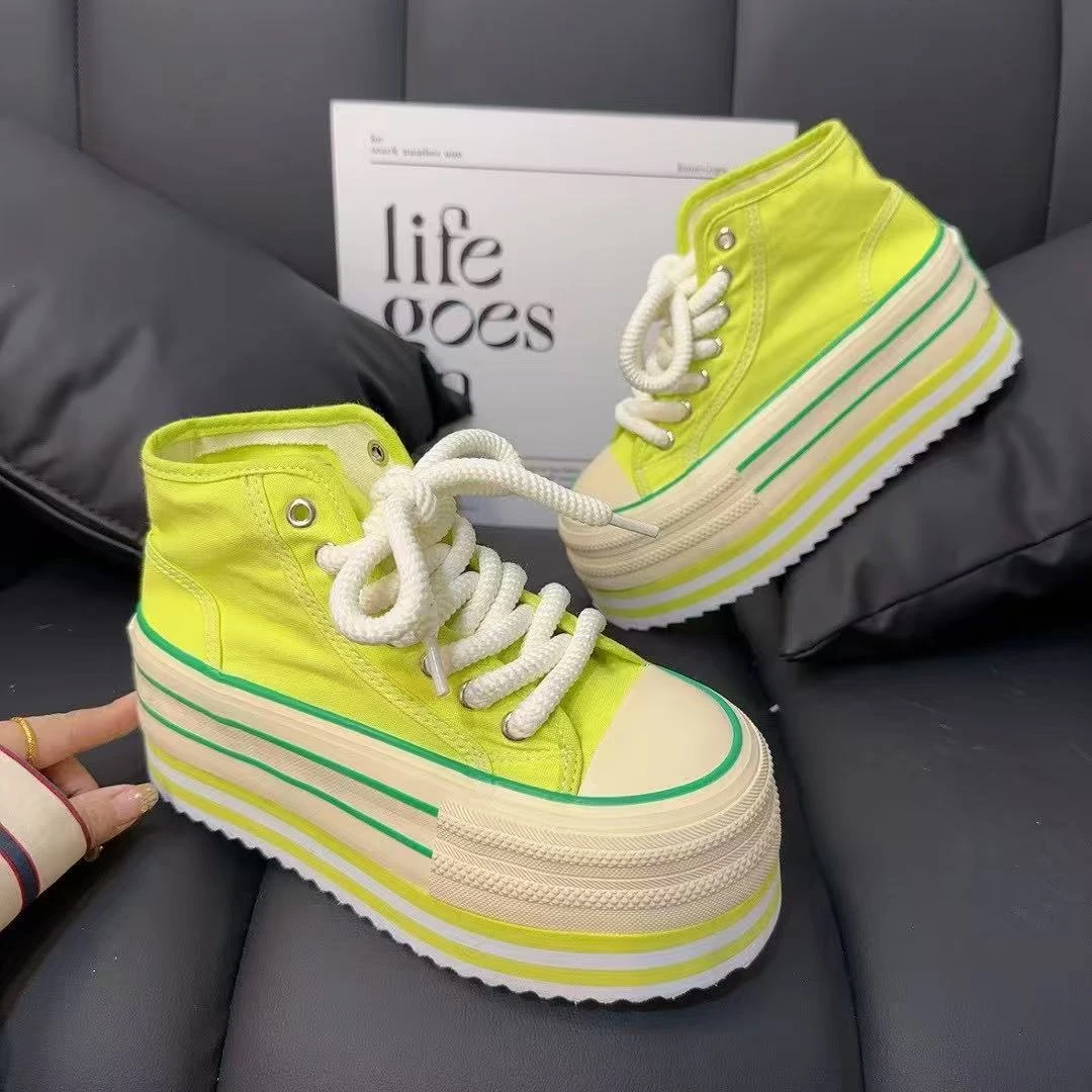韩系2025春夏新款厚底松糕超高跟百搭小个子帆布鞋透气高帮鞋女鞋
