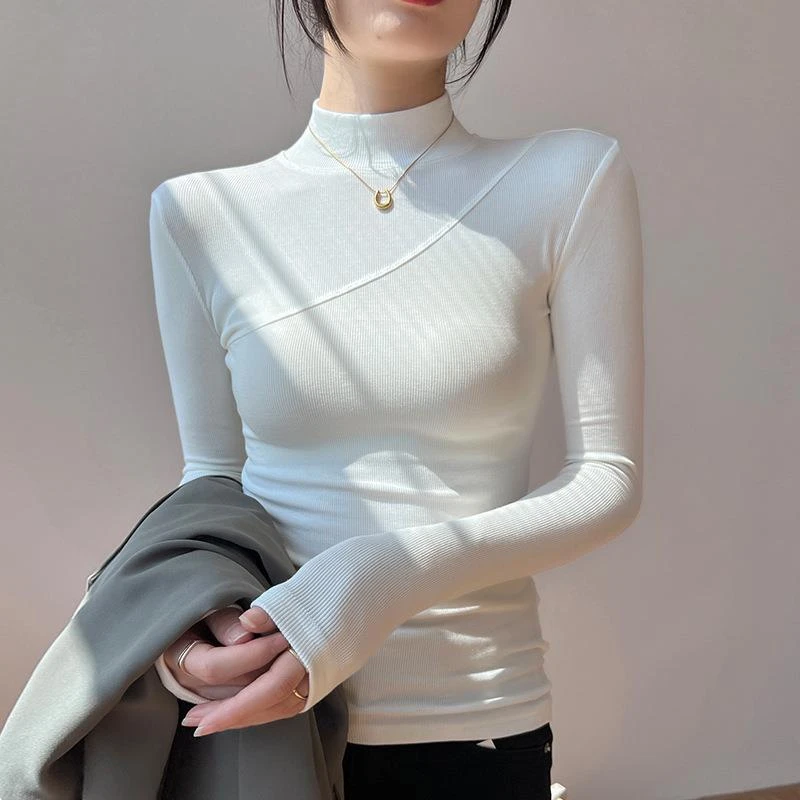FAVMARTHA甄选高弹棉半高领打底衫女恤秋冬新款内搭紧身长袖加绒