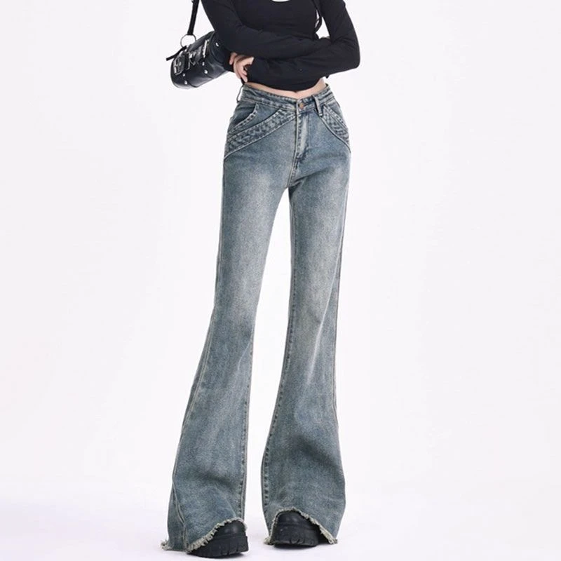 显瘦修身毛边宽松高腰女百搭新款低腰辣妹拼接弹力拖地长裤