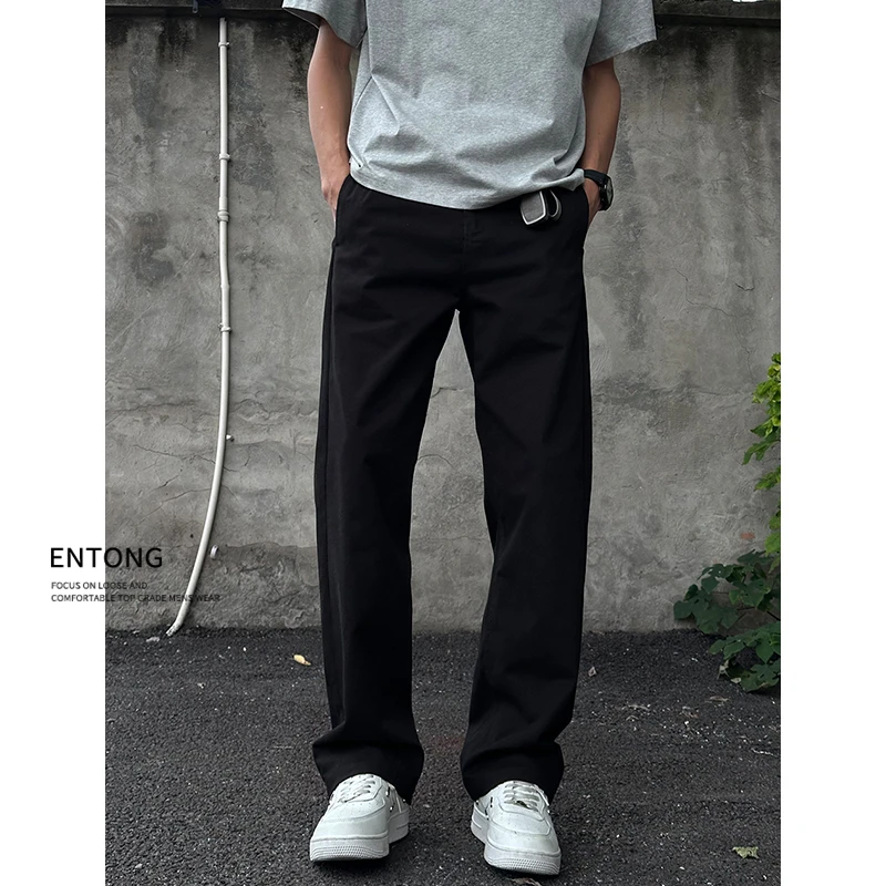Entong高街美式黑色vibe裤子宽松微喇休闲裤男生显瘦做旧直筒长裤