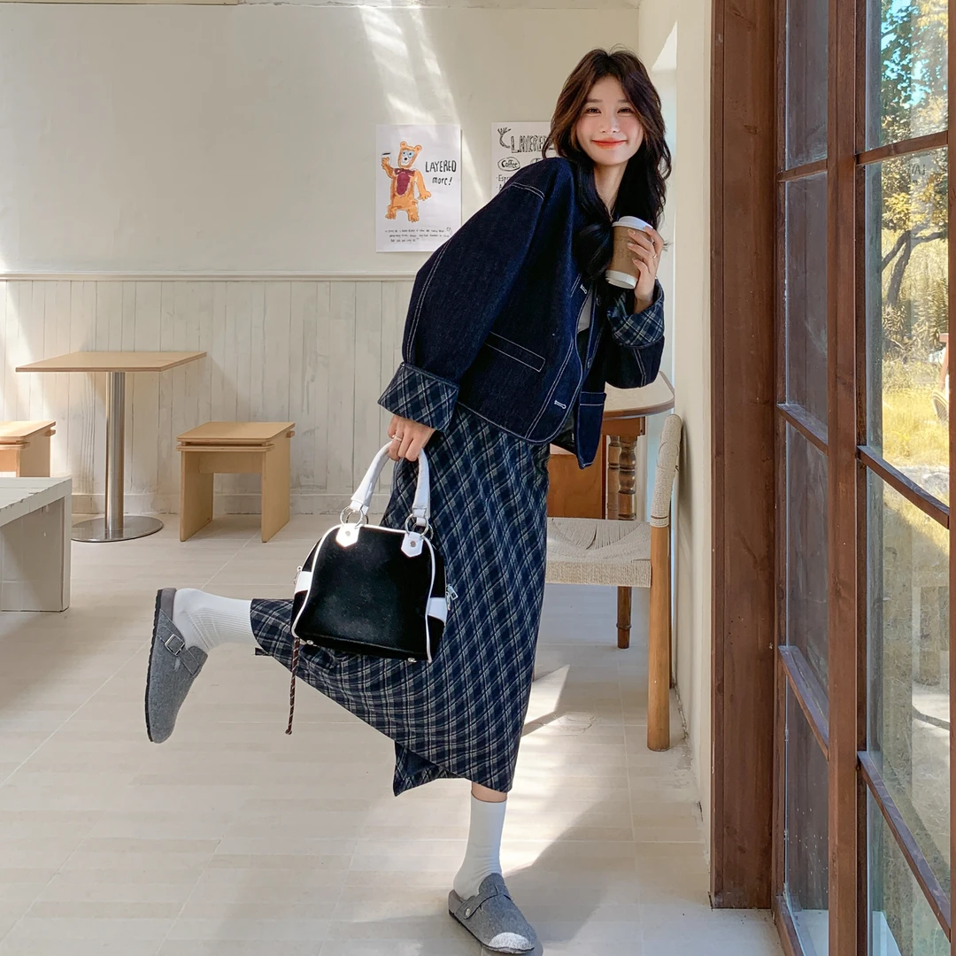 复古格纹拼接牛仔外套半身裙套装女2025年秋季韩系独特气质两件套