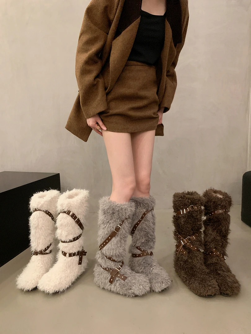 内增高加绒加厚雪地靴女2025新款秋冬季保暖毛毛鞋棉鞋高筒骑士靴