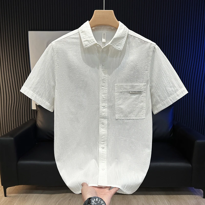 夏季薄款复古纯色男士短袖衬衫宽松休闲时尚帅气潮流翻领男装衬衣