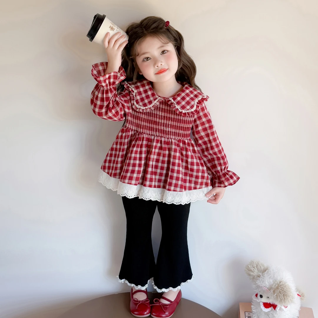 女童秋季2025新款儿童韩版格子花边套装女宝宝喇叭裤休闲套装