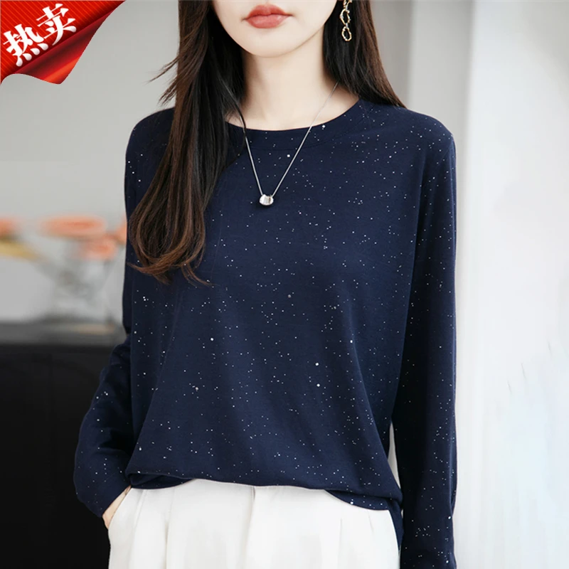 2025新款薄款亮片长袖针织衫圆领内搭针织衫上衣秋