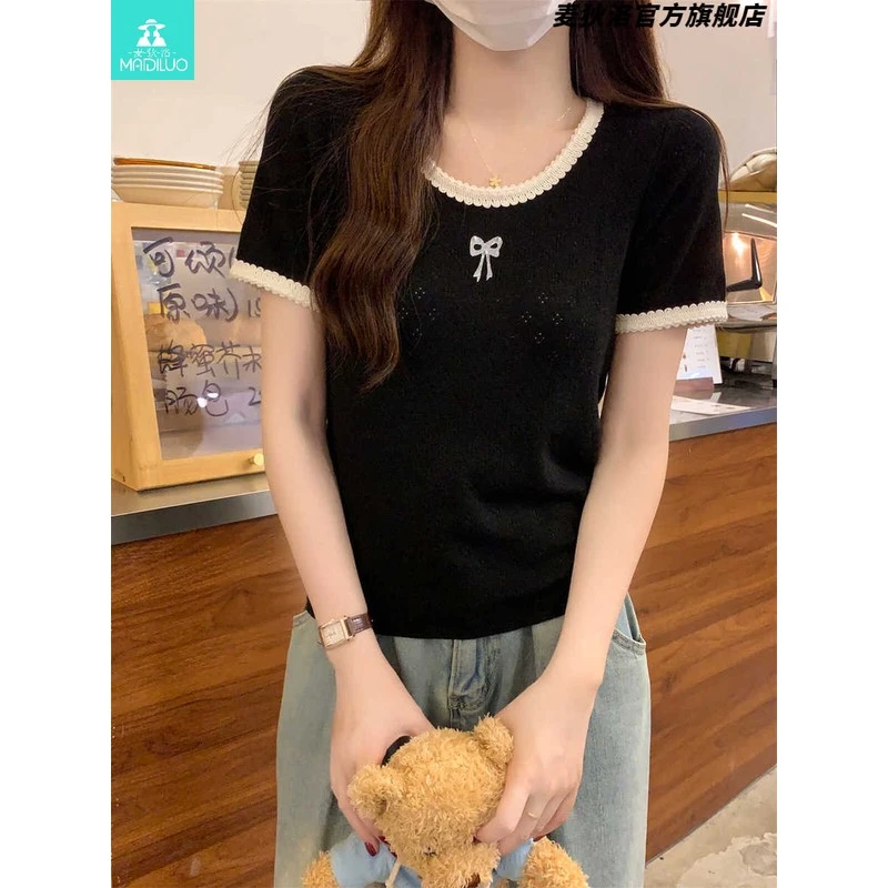 法式撞色镂空蝴蝶结针织短袖上衣女夏季设计感纯欲辣妹气质上衣潮