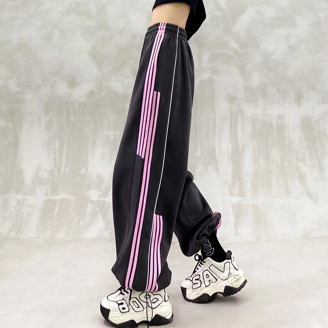 拼色条纹设计运动休闲裤女秋新款高腰宽松显瘦百搭直筒束脚卫裤潮