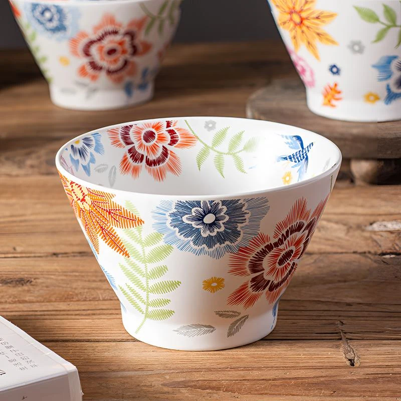 兮房 锦绣斗笠碗5英寸米饭碗家用大号面碗陶瓷日式高脚网红高颜值