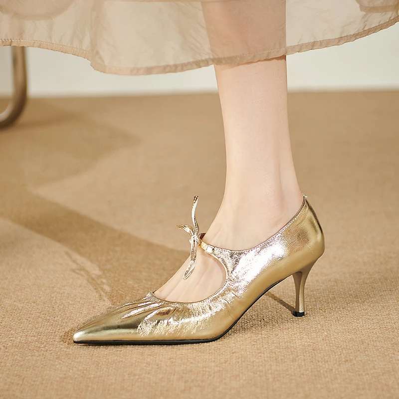 6.5cm设计感前系带单鞋真皮百搭性感尖头高跟鞋女金色蝴蝶结女鞋