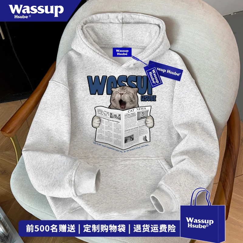 WASSUP HSUBE趣味猫咪字母印花连帽卫衣男休闲百搭白灰色套头上衣