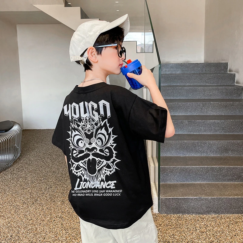 中大童男孩短袖t恤棉质夏季新款帅气时尚半袖圆领印花上衣潮宽松