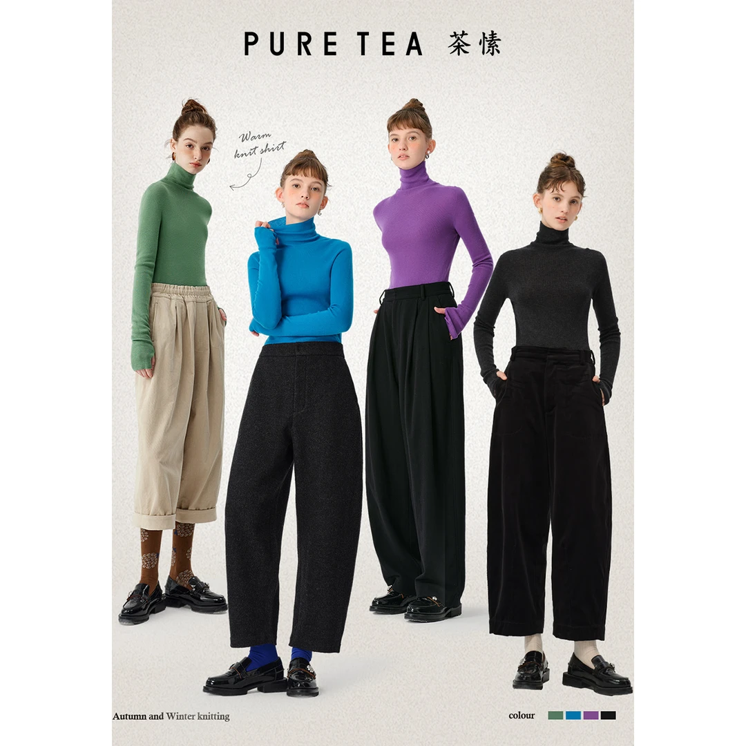 【胶囊衣橱】puretea茶愫高领针织衫女堆堆袖打底毛衣新款KU0205D31