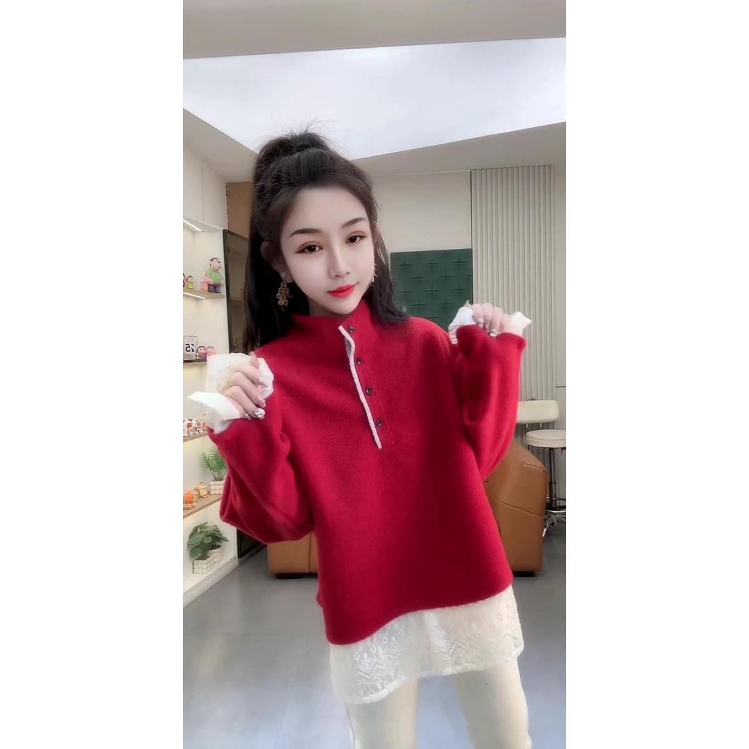 拼蕾丝双面绒半开领卫衣百搭时尚套头款秋冬长袖蕾丝边卫衣