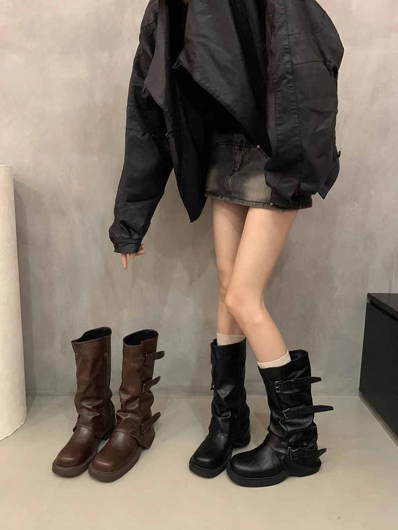 厚底粗跟长筒裤管靴子女2025新款秋西部牛仔显瘦大筒围高筒时装靴