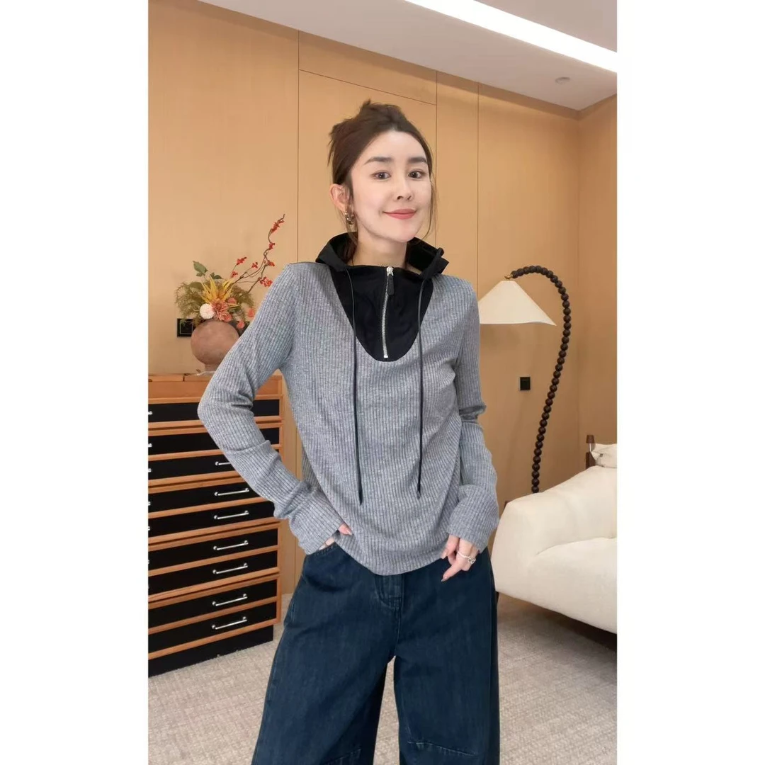 玖了个玖 2025早秋 极简百搭撞色拼接连帽半拉链针织衫 2508C4901