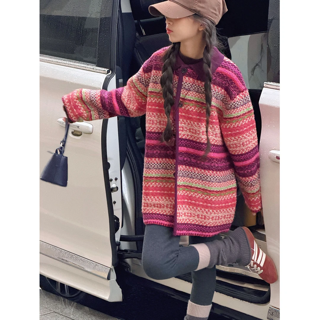 K30189孙小美重工提花女童毛衣外套2025新款秋冬儿童开衫针织上衣