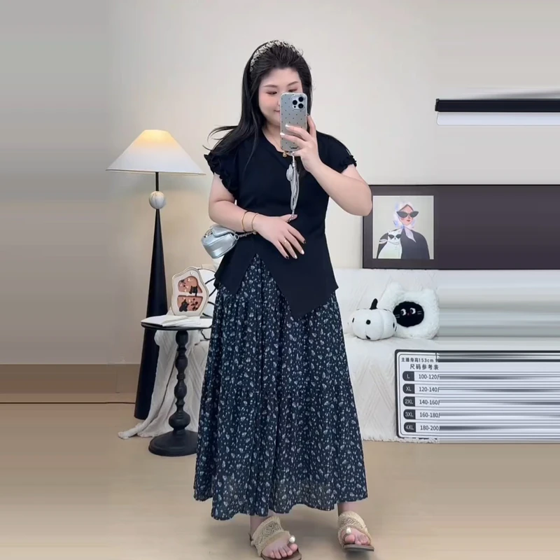 大码甜美设计感飞飞袖短袖T恤女夏季胖mm显瘦木耳边露背减龄上衣