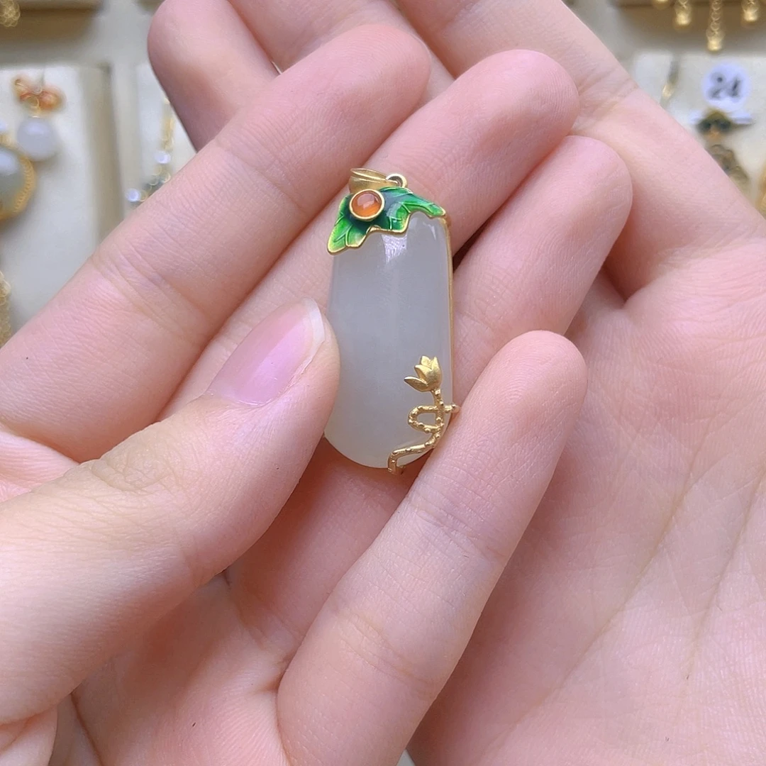 颈饰银S925镀金镶嵌和田玉