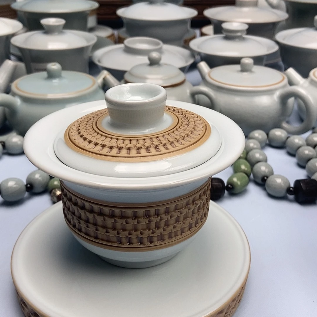 杯重工跳刀月白釉元宝盖碗原矿原釉原产地