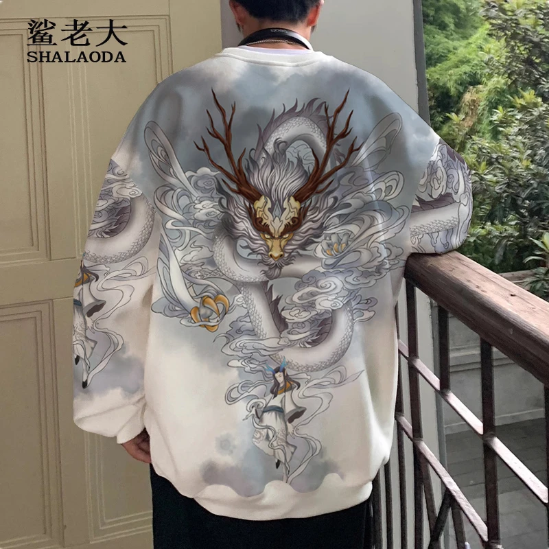中国风龙印花圆领长袖T恤男秋季新款大码加肥卫衣外套休闲薄上衣