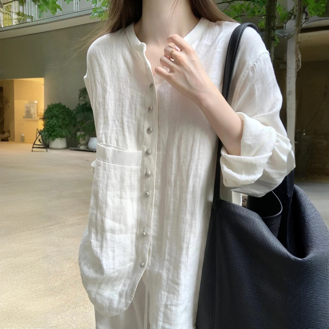 清冷感通勤高级感时尚透气棉麻防晒衬衫中式禅意风亚麻慵懒小衫女