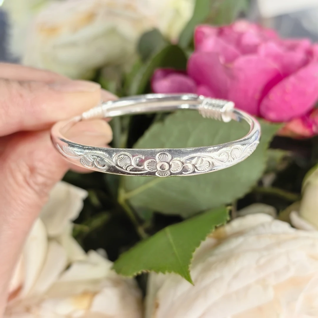 足银手镯 儿童大童手镯足银999刻花推拉款大小可调节