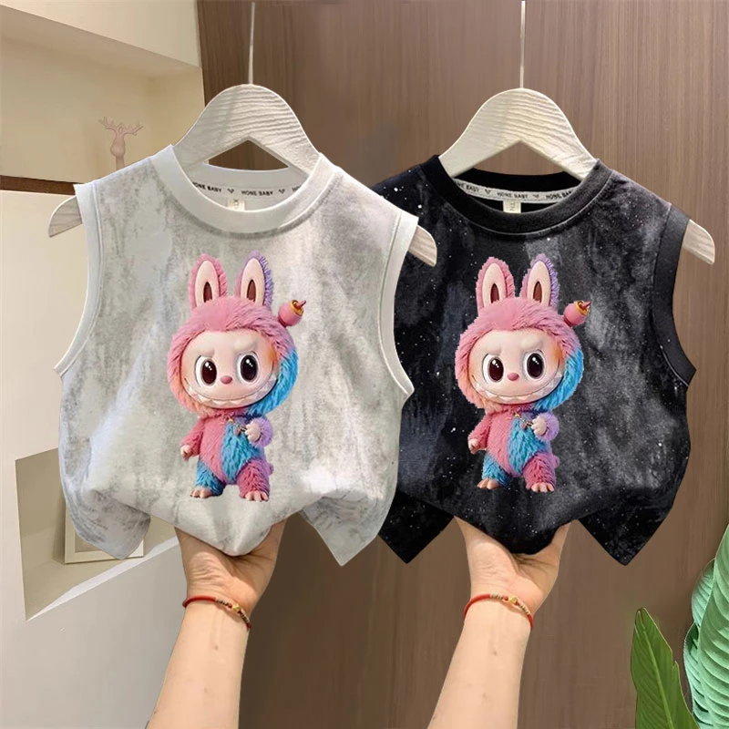 儿童洋气拉布布印花背心T恤男女童夏季新款纯棉坎肩上衣中大童潮t