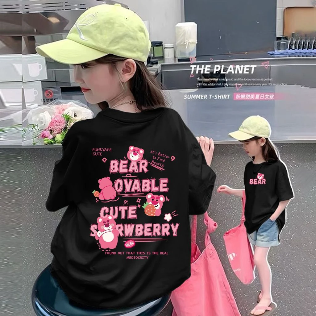 【草莓熊】100%纯棉短袖t恤夏2025洋气女孩中大童女童半袖上衣夏季V