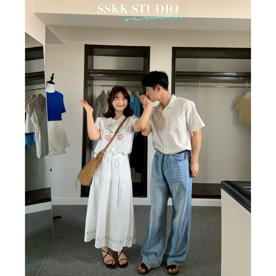 KMZY/KMZY山_山【白色盛夏】微胖韩版度假风刺绣花朵衬衫+半裙套装
