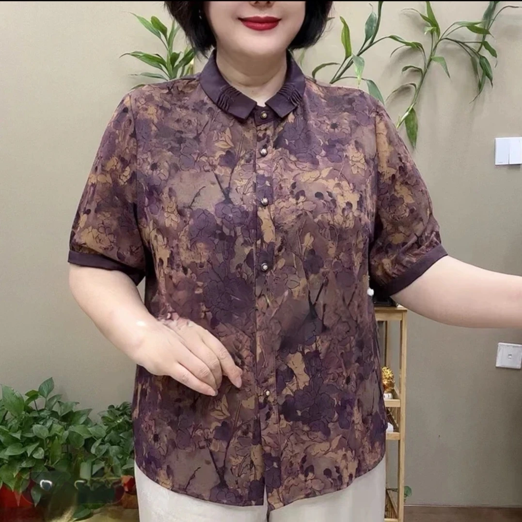 夏季翻领短袖妈妈衫大码加肥加大款中老年女装开衫上衣洋气宽松