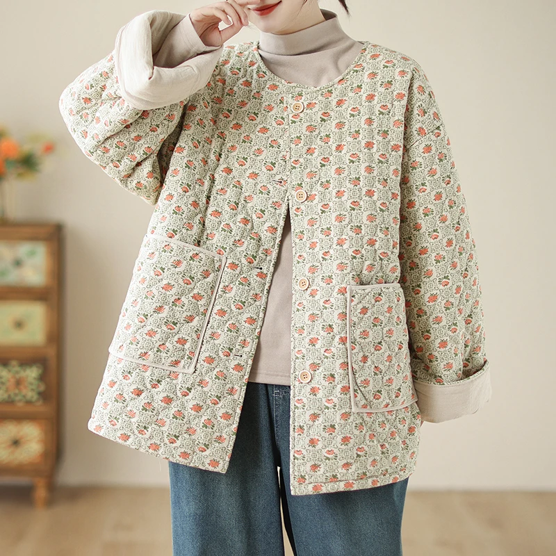 宽松加厚保暖百搭温柔长袖圆领棉衣外套复古民族风碎花小棉服女式