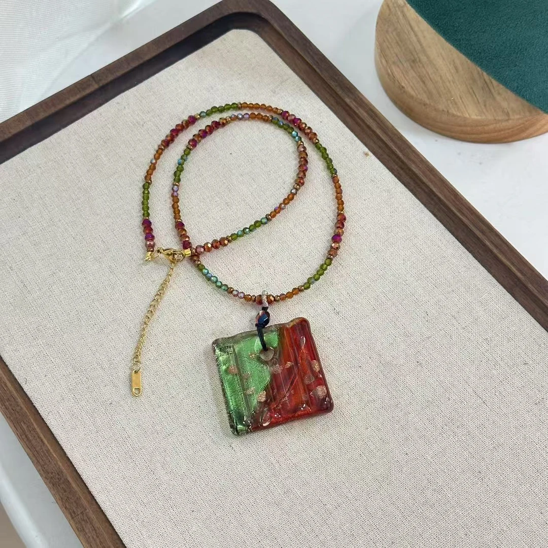 合金项链 LZ2751【新年福利】红绿方块吊牌彩色菱形琉璃项链