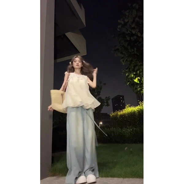 2025甜妹风法式蝴蝶结网纱女夏圆领无袖衬衫娃娃上衣+休闲裤套装