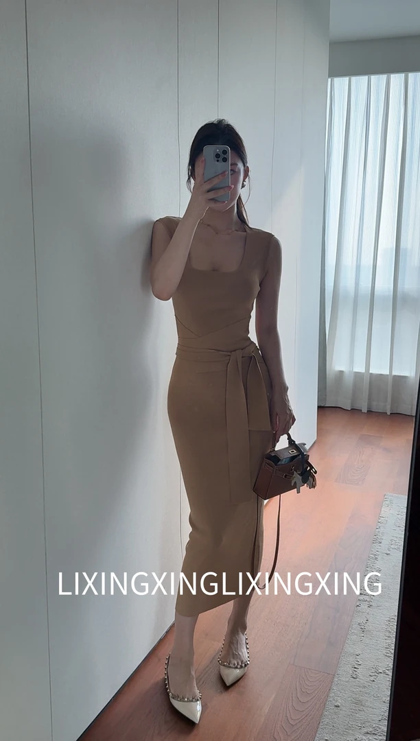 LXX【静奢大U领】曲珠无袖绑带连衣裙静奢风夏季显瘦性感气质慵懒