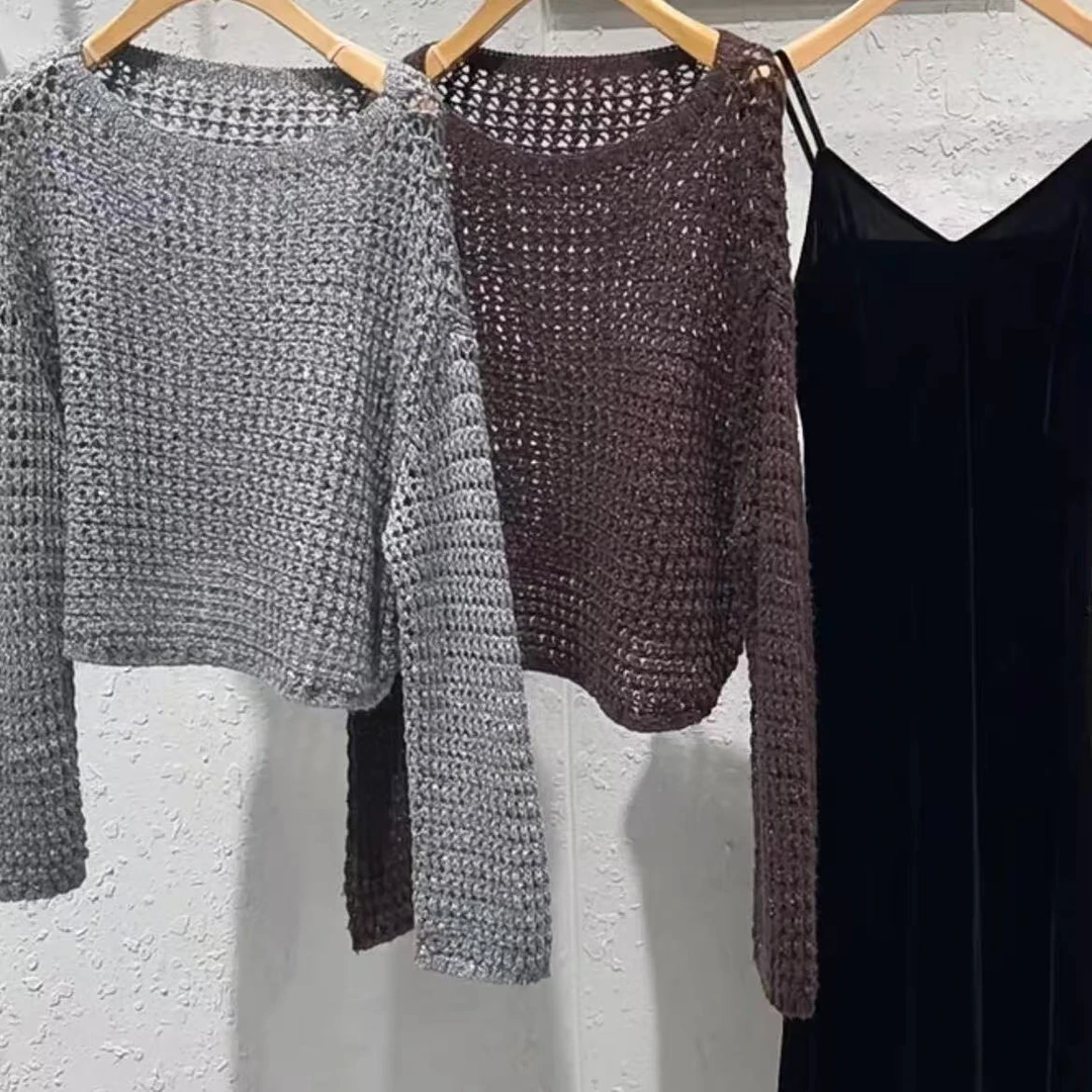 针织衫-40828047长袖百搭圆领镂空