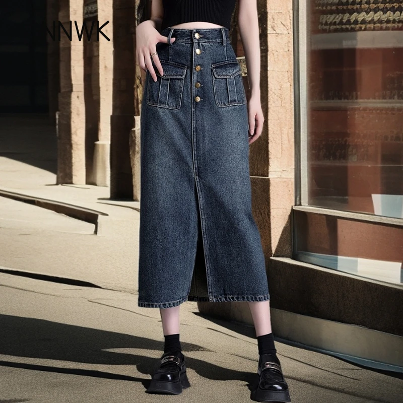 复古显瘦高腰牛仔裙2025春秋新款直筒开叉裙子中长款a字裙包臀裙