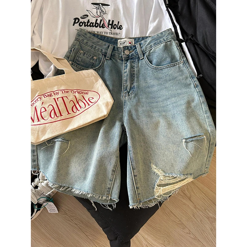 大码美式复古破洞牛仔短裤女夏季2025新款阔腿高腰直筒五分中裤子