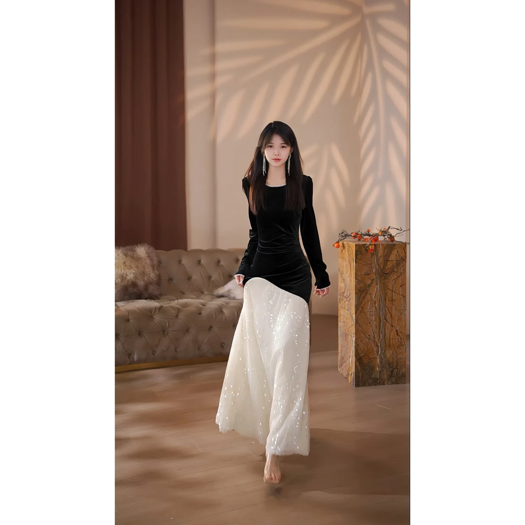 【郑点】留白秋季新款法式气质收腰显瘦鱼尾连衣裙-YL11047