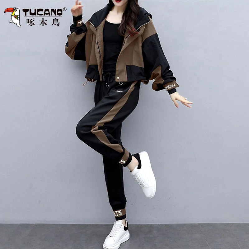 啄木鸟春秋新款女士运动服连帽宽松显瘦减龄休闲上衣束脚裤两件套