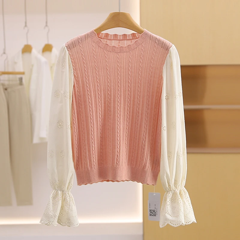 【伍莎-自营】衬衫拼接圆领毛衣