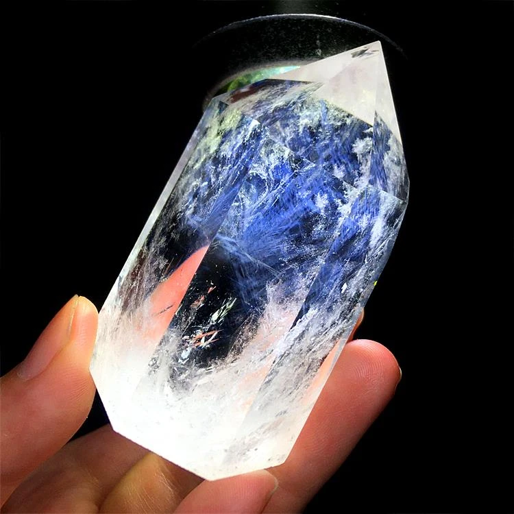 天然白水晶蓝针柱子原石打磨单尖六棱柱原矿天使羽毛彩虹家居摆件