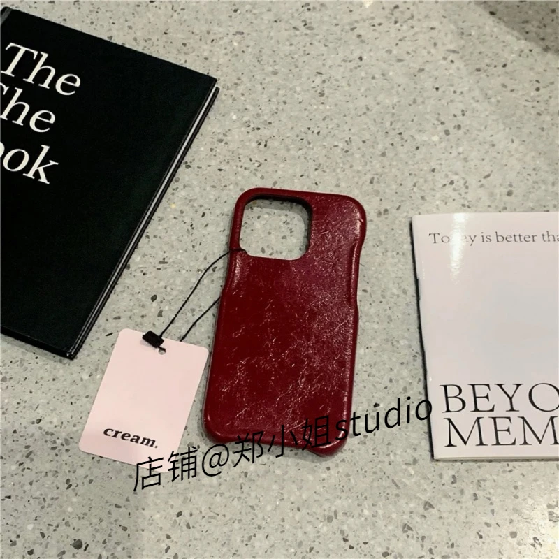 纯色酒红牛皮纹适用于苹果16新款11高级感14pro复古13p个性简约12