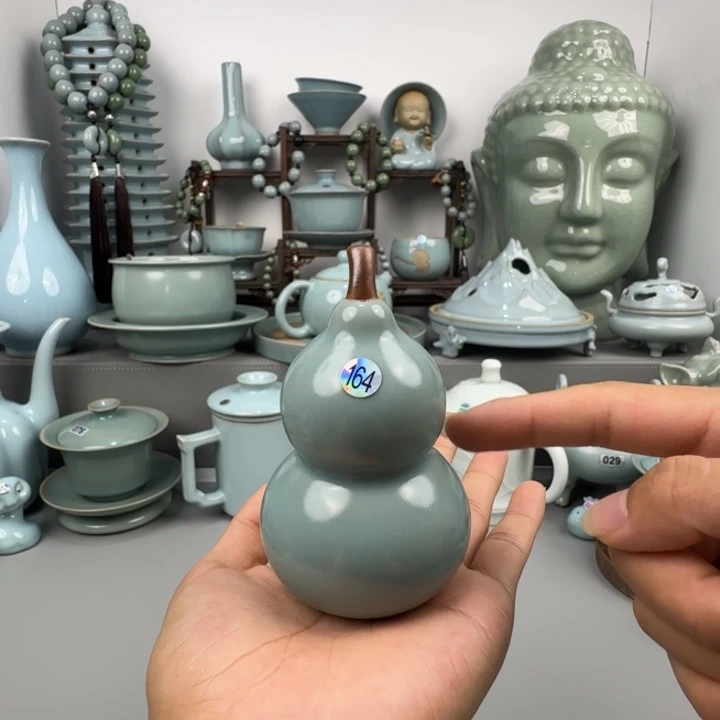摆件汝瓷茶宠葫芦圈足烧仿古釉