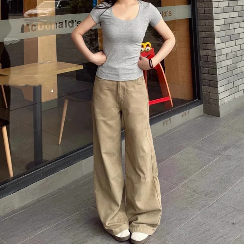 拉夏贝尔卡其色阔腿牛仔裤女秋季美式高腰梨形显瘦直筒小个子裤子