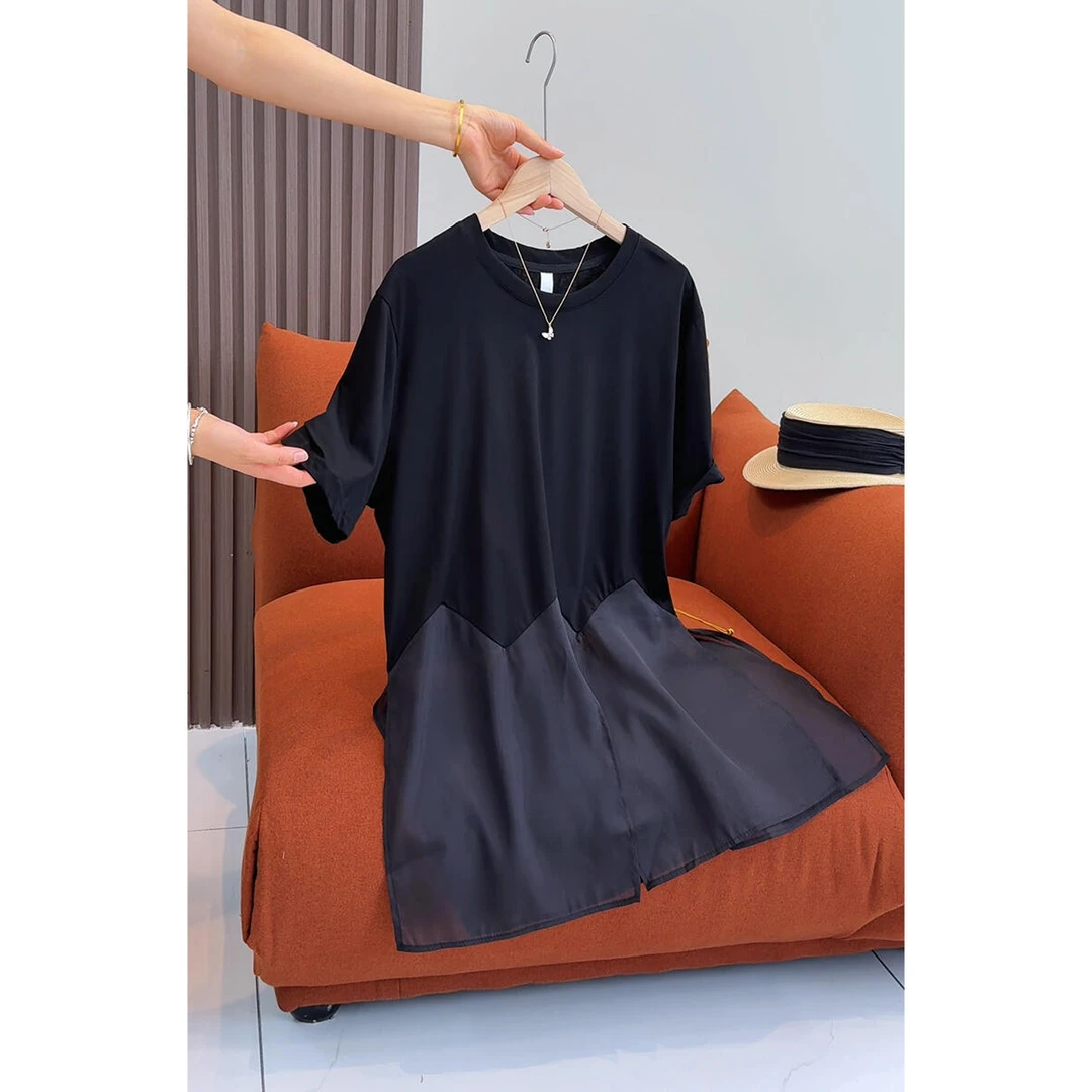 中长款网纱拼接黑色短袖连衣裙2025新款爆款超好看独特漂亮