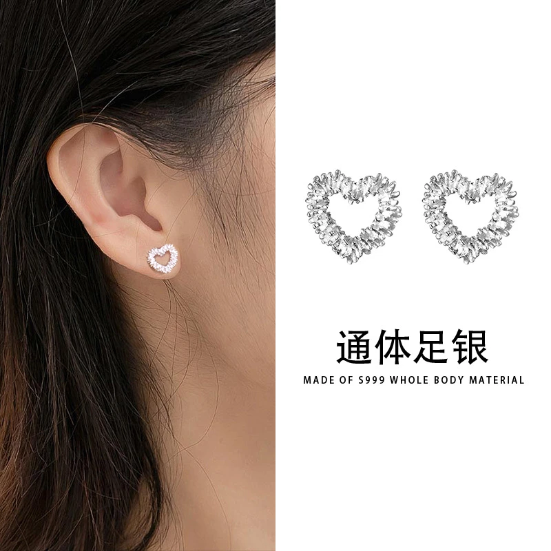 足银耳饰 999银细细闪闪精致镂空爱心耳钉女韩版甜美气质清新耳饰
