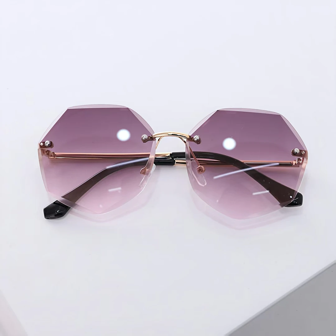 新款无框切边墨镜女韩版圆脸复古眼睛元素风太阳镜女孩个性3001